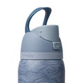 Owala FreeSip 32oz, slate blue body with embossed wave texture, lighter blue-gray lid with darker blue carry loop raised