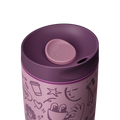 Owala SmoothSip Slider 20oz top-down view, dark purple lid with mauve slider button slid open revealing the sip hole